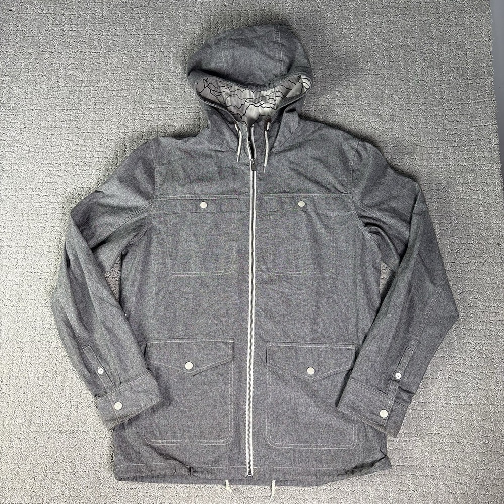 Vans Mens Gray Canvas Full Zip Utility Jacket Topo Map Hood Lining Pockets Sz. L